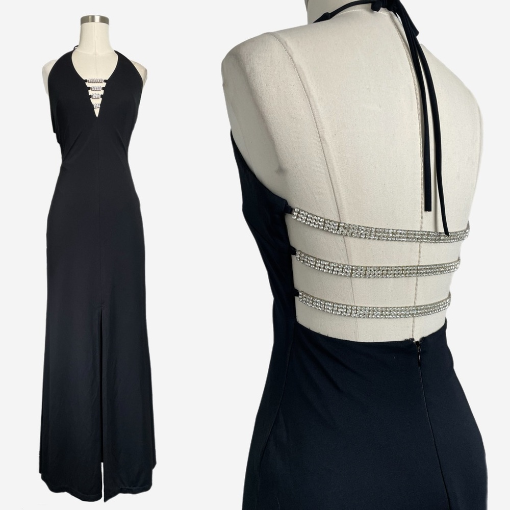 Vintage Y2K Morgan & Co. black halter open back rhinestone cutout gown prom XS